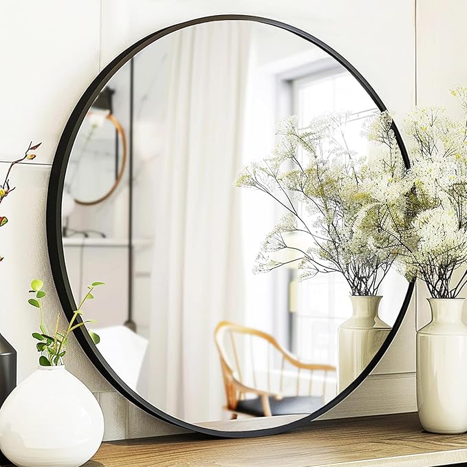 Round Mirror 28 inch, Round Black Mirror, Circle Bathroom Mirrors Metal Frame, Wall Mounted Circle Mirrors for Bathroom, Living Room, Hallway, Farmhouse.