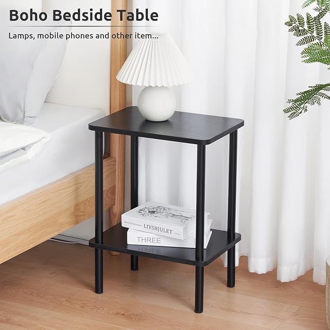 Apicizon 2 Tier End Table Set of 2, Small Side Table with Solid Wood Legs, Boho Bedside Table with Storage Shelf, Nightstand for Small Spaces, Bedroom, Living Room, Entryway, Easy Assembly, Black