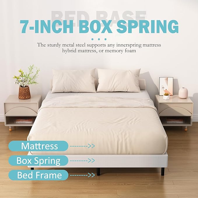 7 Inch King Box Spring Bed Base, Low Profile Metal Box Spring King with Fabric Cover, 3000 Lbs Max Weight Capacity Mattress Foundation, Noise-Free, Easy Assembly