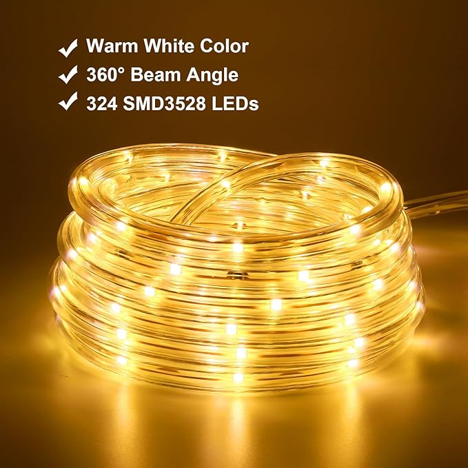 48ft Warm White LED Rope Lights Outdoor - 324 LEDs Christmas Rope Lights, 120V ETL Certified, Connectable to 192ft, Weather-Resistant, w/24 Mounting Clips & Screws - Cozy Home & Café Decor