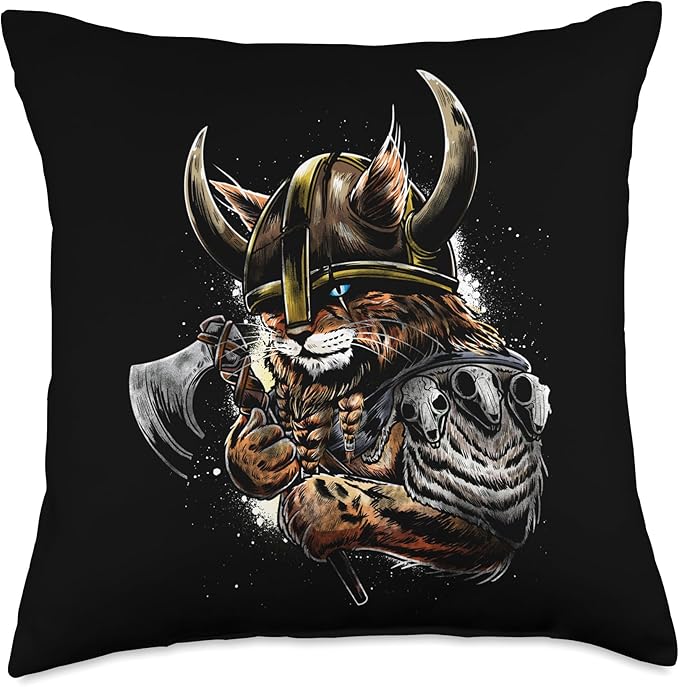 Viking Cat Scandinavian Norse Mythology Throw Pillow