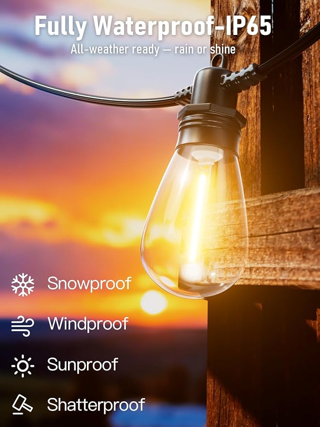 50FT LED Outdoor String Lights with 15 Edison Shatterproof IP65 Waterproof Bulbs, 2700K Dimmable Commercial Grade Patio Lights, Heavy Duty Outside Hanging Lights for Garden Porch Deck Decor