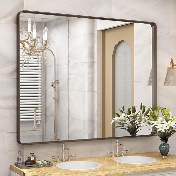 48x40 Bronze Bathroom Mirror, Brushed Bronze Metal Frame Mirrors for Wall, Rounded Rectangle Bronze Mirror for Vanity,Farmhouse, Bedroom, Anti-Rust (Horizontal/Vertical)