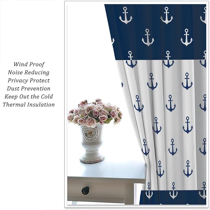 Anchor Pattern Curtains, Nautical Theme Navy Blue White Anchor Sea Life Adventure Print Blackout Window Treatments for Living Room Boys Men's Bedroom 42x54 Inch