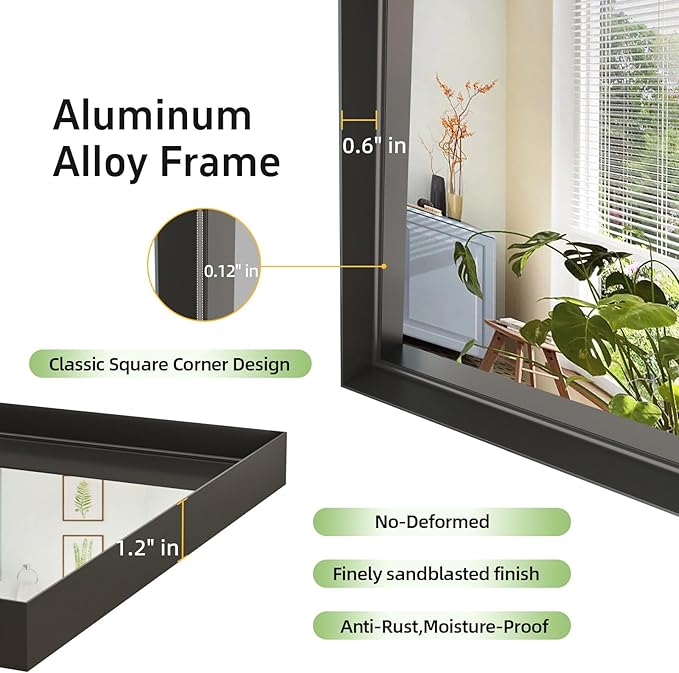 40x30 Inch Black Bathroom Mirrors for Over Sink, Wall Mirror, Metal Framed, Modern Rectangle Mirror, Wall-Mounted Vanity Mirrors Horizontal/Vertical