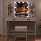 usikey Vanity Desk, Makeup Vanity Table with 10 LED Light Bulbs, Vanity Table, Vanity Desk Set with 2 Drawers, 6 Storage Shelves & Cushioned Stool for Women Girls, Bedroom, Grey