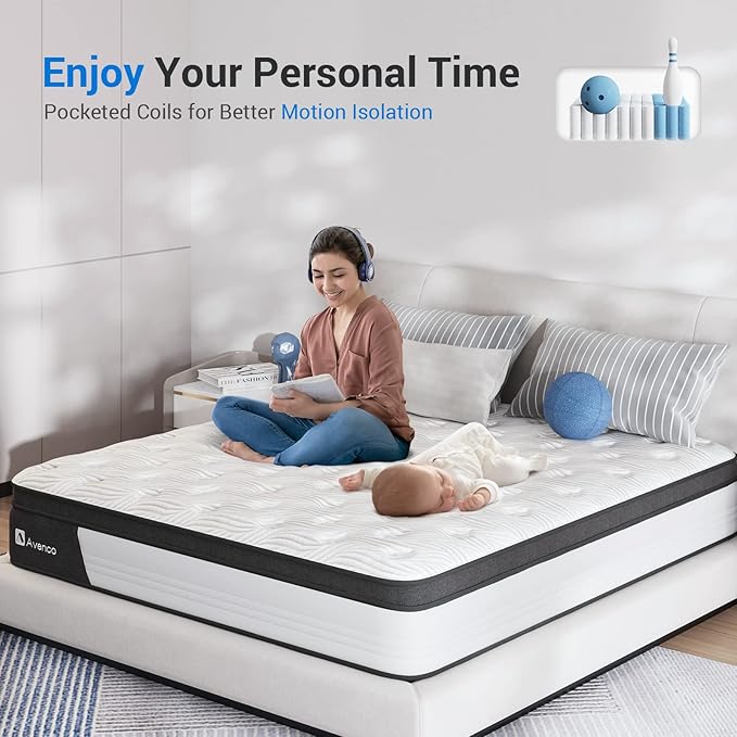 Avenco Full 12 Inch Hybrid Mattress - Medium Firm, CertiPUR-US Foam, Pressure Relief, Motion Isolation, Breathable Fabric