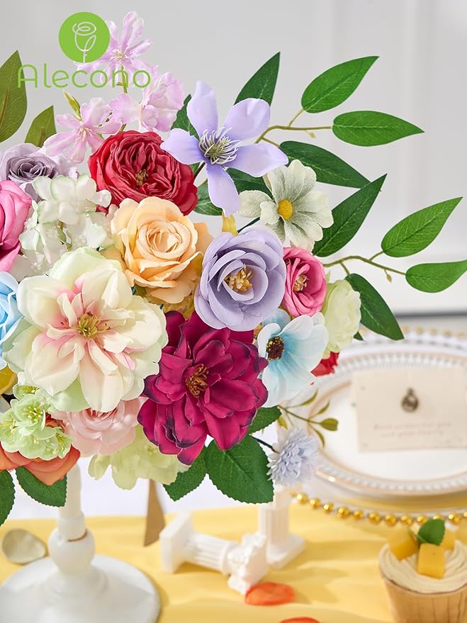 Alecono Artificial Flowers, Colorful Combo Silk Fake Flowers with Lemon Accessories for Cake Decorations, Home Table Centerpieces Birthday Party Decor