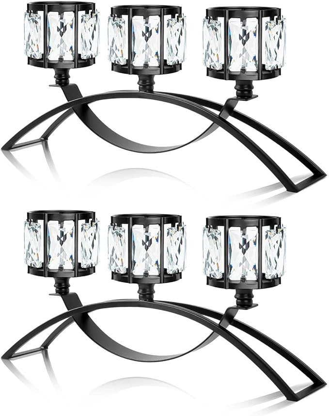 3 Arms Crystal Candle Holders, Arch Candlestick Table Candelabras Centerpieces for Wedding, Dinning Room, Cabinet Ornaments, Home Decoration， Gift (Black, 2 Pcs-3 Arm Arched)