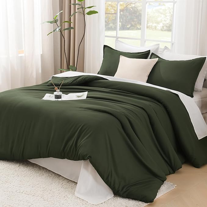 Litanika Oversized King Comforters Olive Green Super King Size, 3 Pieces Lightweight Solid Bedding Comforter Set, All Season Fluffy Bed Set (120x120In Comforter & 2 Pillowcases)