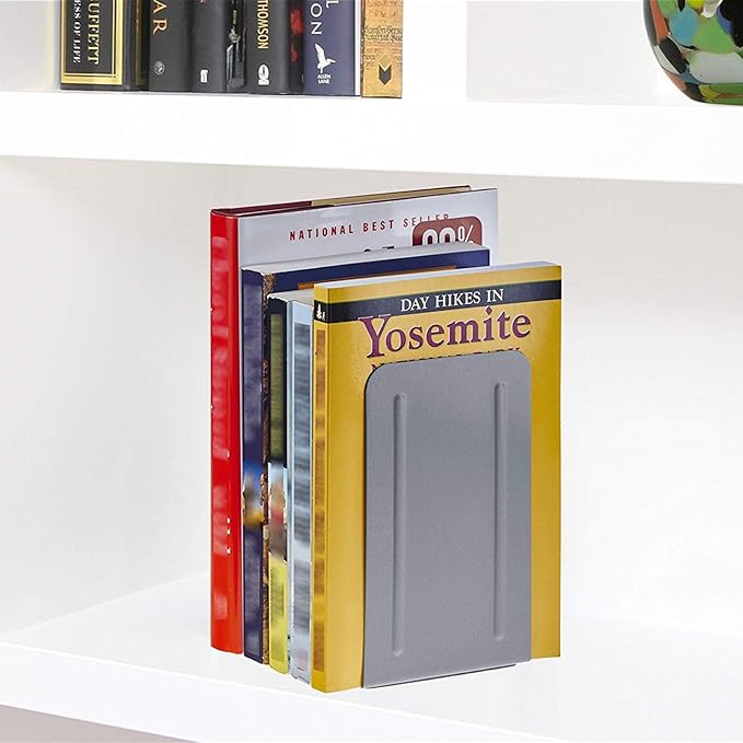 Acrimet Metal Bookends, Non-Skid Book Stand for Shelves, Heavy Duty Book Stopper, 6-7/8" H x 4" W x 4-1/2“ D, Silver, 1 Pair