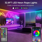 LETIANPAI 32.8Ft Neon Rope Lights,Flexible Led Rope Lights Control with App/Remote,Multiple Modes Rope Lights,IP65 Outdoor RGB Led Neon Lights Waterproof,Music Sync Gaming Led Light Strip (32.8FT)