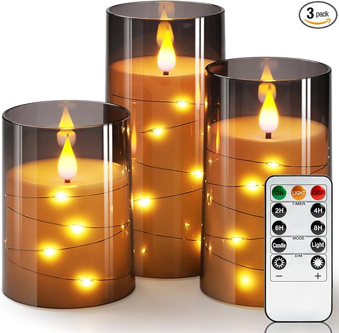 Homemory Flickering Flameless Candles with String Lights, Battery Operated Candles, Embedded String Lights LED Candles, Unbreakable Plexiglass with Remote, Set of 3, Grey