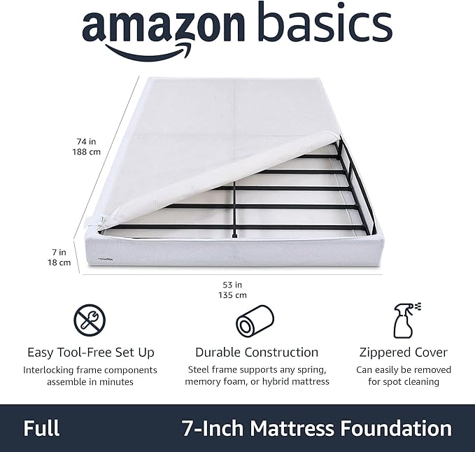 Amazon Basics Smart Box Spring Bed Base, 7-Inch Height Mattress Foundation, Tool-Free Easy Assembly, Full, 74"L x 53"W x 7"H, White