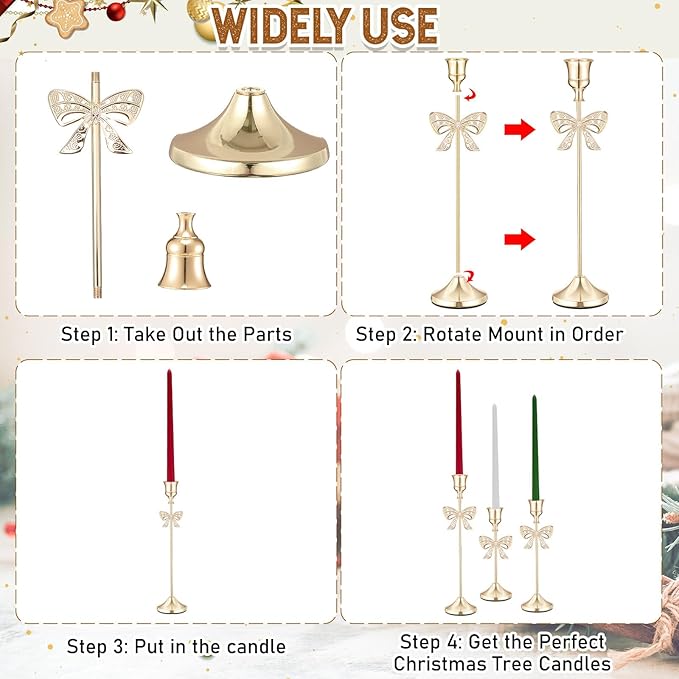 3 Pcs Christmas Candle Holders 3 Size Gold Taper Candlestick Holders Set Vintage Decorative Centerpiece for Table Mantel Wedding Housewarming Thanksgiving Gifts (Bowknot)