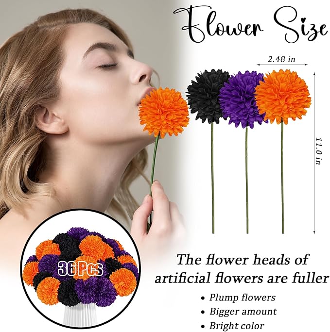36 Pcs Halloween Artificial Flowers Halloween Chrysanthemums Ball Silk Flowers Black Orange Purple Fake Hydrangea for Halloween Party Home Table Centerpieces Vase Decor