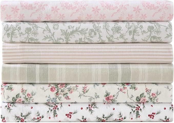 Laura Ashley - Flannel Sheets Queen Size, Anti-Pilling & Wrinkle Resistant Cotton, Touchably Soft for All-Season Comfort - Bed Sheets with Matching Pillowcases & Fitted Sheet (Brinna Green)
