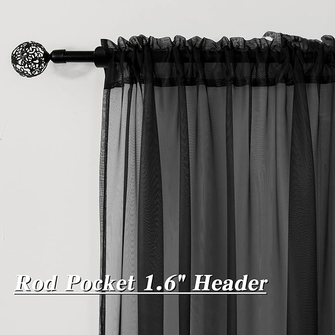 HUTO Black Sheer Curtains 63 Inch Length for Bedroom Rod Pocket Sheer Window Panels for Nursery Living Room, 52" Wx63 L,Set of 2