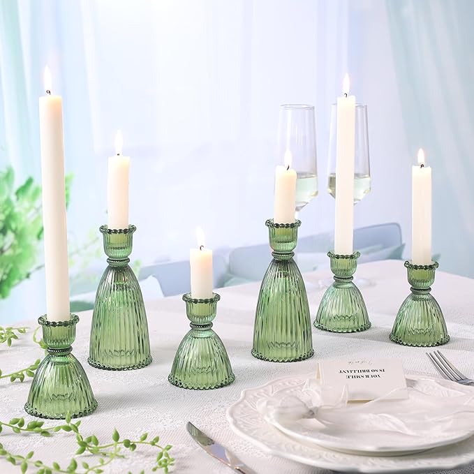 6 Pcs Green Glass Candlestick Holder (3.5"/6", Assorted)- Tall Taper Candle Holders with Vintage Design, Candle Stick Holders in Bulk for Party Decorations, Green Candle Holder for Tapered Candles