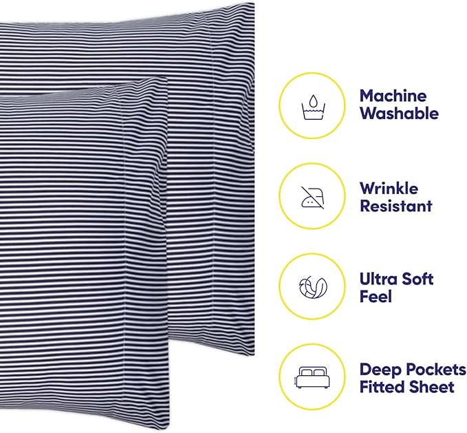 King Size Bed Sheets - 6 Piece 1500 Supreme Collection Fine Brushed Microfiber Deep Pocket King Sheet Set Bedding - 2 Extra Pillow Cases, Great Value, King, Classic Stripe Navy
