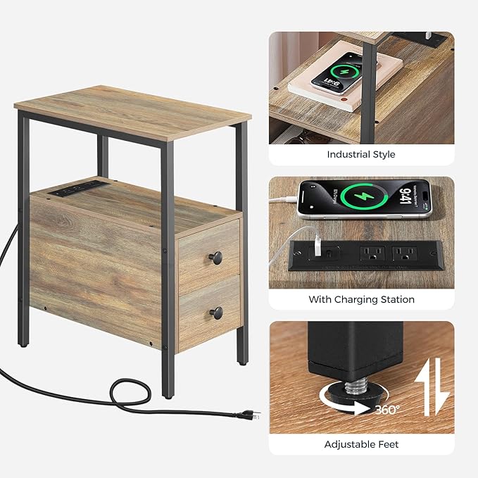 HOOBRO End Table with Charging Station, Narrow Side Table with 2 Drawer & USB Ports & Power Outlets, Nightstand for Small Spaces, for Living Room, Bedroom, Sapphire Brown UC541BZ01
