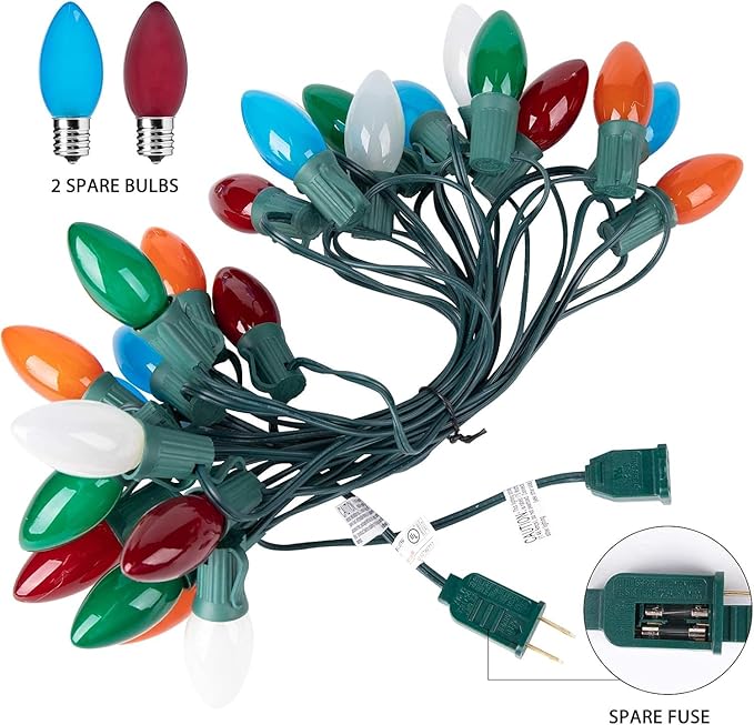 Brightown Multicolor Christmas Lights Ceramic, C9 25 Feet Vintage Incandescent Lights with 25 Opaque Bulbs for Patio Fence Roofline Outdoor Indoor Holiday Christmas Decorations