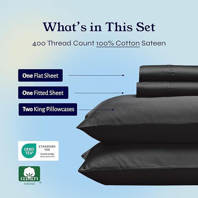 California Design Den King Size Sheets Set - 400 Thread Count Sateen, Natural 100% Cotton Sheets with Deep Pockets, Breathable, Cooling and Durable Bedding Set - Black