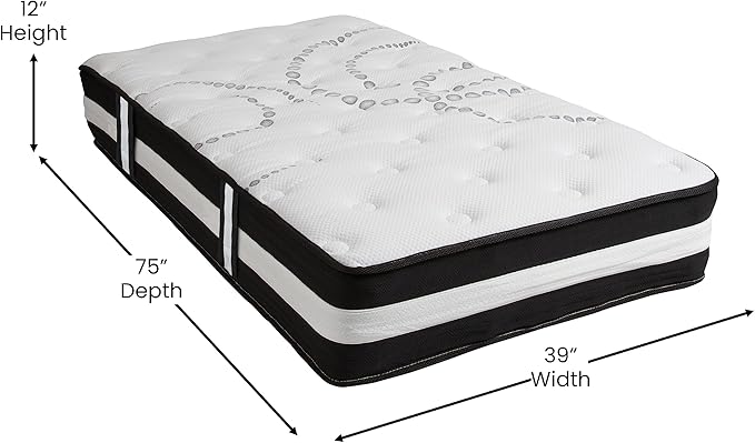 Flash Furniture Capri Comfortable Sleep 12" Hybrid Pocket Spring and Foam Mattress in a Box, Foam Pocket Spring Hybrid Mattress for Pressure Relief, Twin