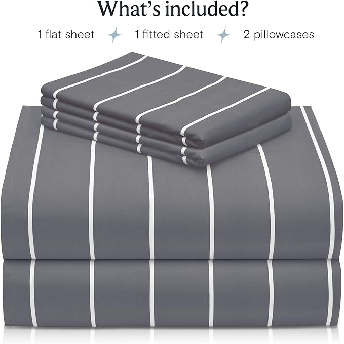 LuxClub 4 PC Cal King Size Sheet Set Bed Sheets, Breathable Luxury Deep Pockets Wrinkle Free Cooling Sheets Machine Washable Hotel Bedding (Cal King, Striped Light Grey)