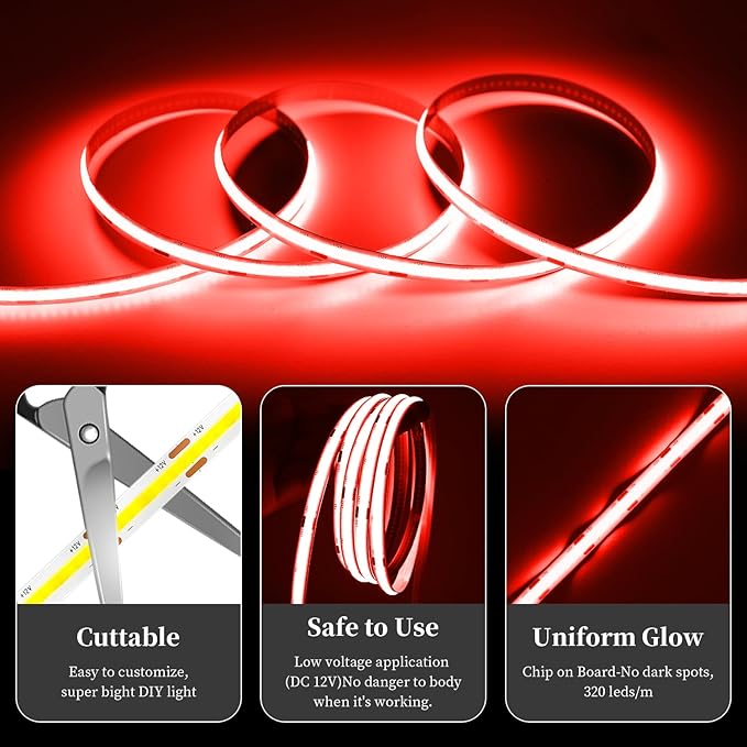 iNextStation COB LED Strip Light Red 16.4FT 5M, DC12V CRI 93+ Dimmable Flexible LED Tape Lights for Bedroom, Kitchen, TV Backlight, Cupboard, Wardrobe, Home Lighting Decor
