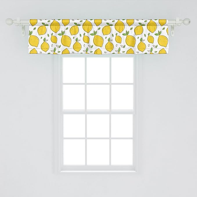 Ambesonne Lemons Window Valance, Continuous Citrus Fruits Leaves Refreshing Cartoon Pattern, Curtain Valance for Kitchen Bedroom Decor with Rod Pocket, 42" x 12", Lime Green Earth Yellow