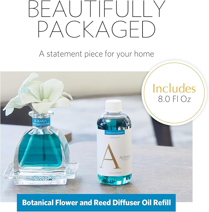 AGRARIA Reed Diffuser Refill, Scented Oil Home Fragrance, Reed Oil Diffuser Gift Set for All Occasions, Mediterranean Jasmine