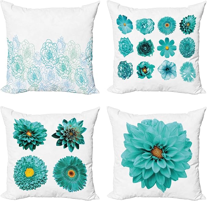Ambesonne Floral Throw Pillow Cushion Case Pack of 4, Modern Design Flowers in Aquatic Color Palette Cold Toned Leaves Print, Modern Accent Double-Sided Digital Printing, 20", White Turquoise