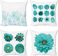 Ambesonne Floral Throw Pillow Cushion Case Pack of 4, Modern Design Flowers in Aquatic Color Palette Cold Toned Leaves Print, Modern Accent Double-Sided Digital Printing, 20", White Turquoise