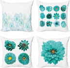 Ambesonne Floral Throw Pillow Cushion Case Pack of 4, Modern Design Flowers in Aquatic Color Palette Cold Toned Leaves Print, Modern Accent Double-Sided Digital Printing, 20", White Turquoise