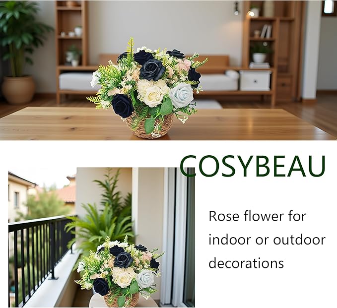 Artificial Fake Flowers 25pcs Roses, Shade of Blue Foam Rose Faux Flower for DIY Wedding Bouquets Bridal Shower Centerpieces Floral Arrangements Party Tables Home Decorations