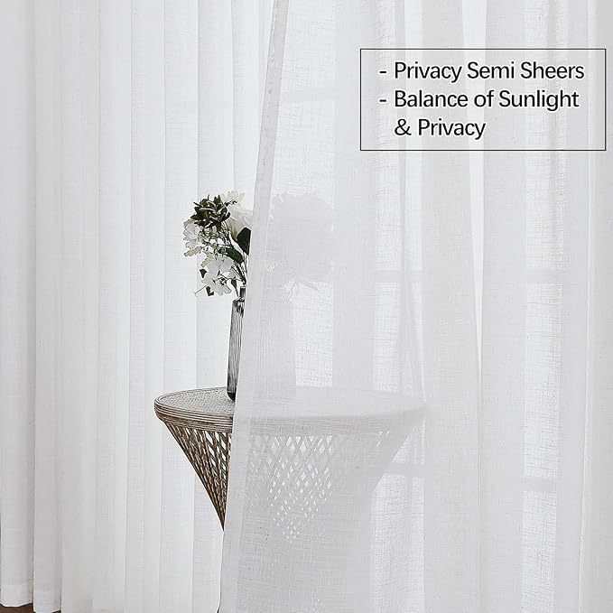 White Sheer Linen Pinch Pleated Sliding Door Curtains, 2x50 Inches Width, Cotton Look Light Filtering Drapes 84 Inches Long, Soft Textured Modern Farmhouse Window Curtain Panels