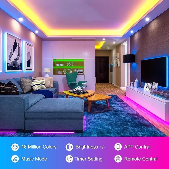 50ft Led Lights for Bedroom, Led Strip Lights Music Sync Corlor Changing, Led Light Strip with Remote & App Control RGB Strip, Led Lights for Room Dorm Home Classroom Ceiling Decor