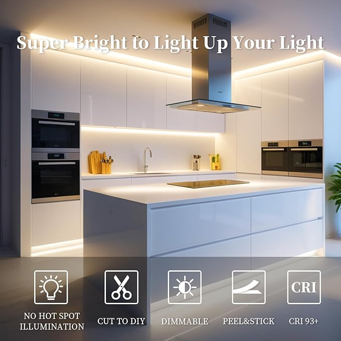 iNextStation COB LED Strip Light Warm White 3000K 32.8FT 10M DC24V CRI 93+ Dimmable Flexible LED Tape Lights for Bedroom, Kitchen, TV Backlight, Cupboard, Wardrobe, Home Lighting Decor