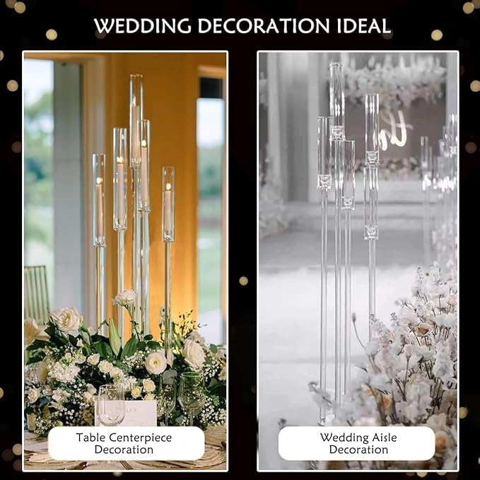 2pcs 5 Arm Floor Candelabra,Acrylic Floor Candle Holder for Wedding Centerpiece Tall Clear Candle Holders for Ceremony Birthday Party Home Decoration Fit 0.8 LED Candles