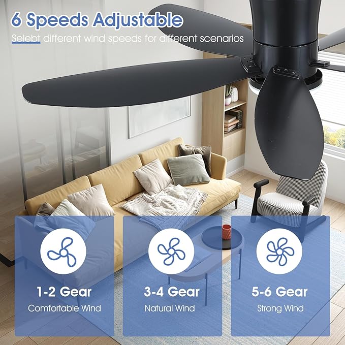 Flush Mount RGB Ceiling Fans with Lights-48 Low Profile Ceiling Fan with Light and Remote/APP Control,DC Reversible,LED Dimmable Blakc Ceiling Fans for Bedroom,Indoor/Outdoor Patio Use