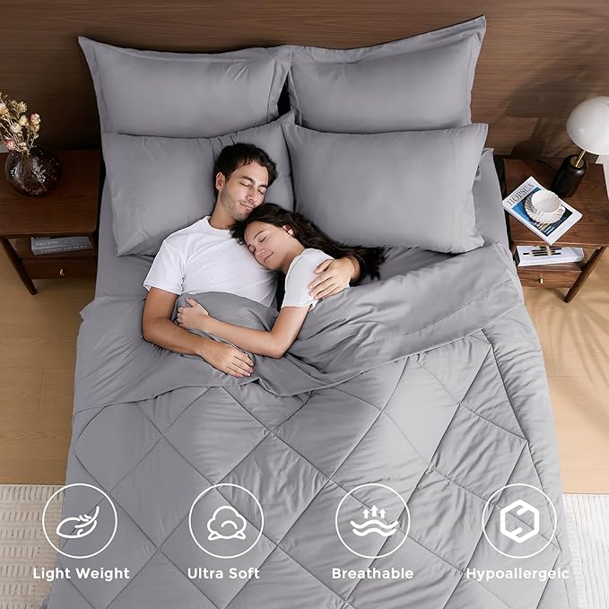 HEVUMYI Oversized Queen Comforter Set Light Grey - 7-Piece All Season Bed in a Bag Oversized Queen, Ultra Soft Bedding Set with Comforter, Flat Sheet, Fitted Sheet, Pillowcases, Pillow Shams