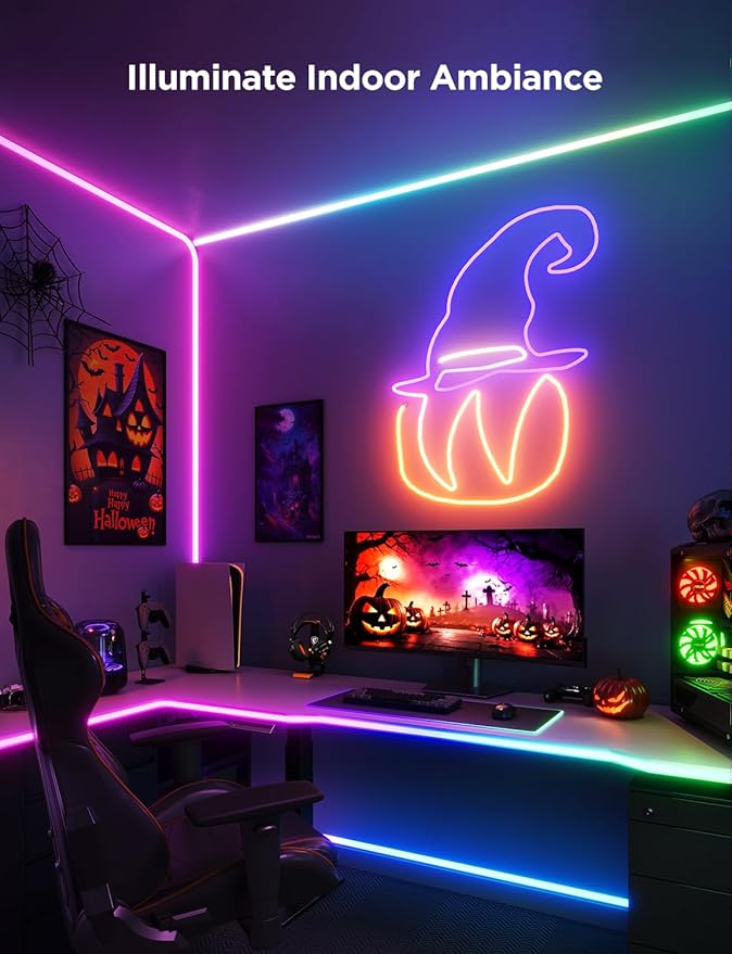Govee RGBIC Neon Rope Lights for Desks, 16.4ft LED Gaming Desk Lights, Neon LED Strip Lights Syncing with Razer Chroma, Support Cutting, Smart App Control, Music Sync, Adapter (Only 2.4G Wi-Fi)