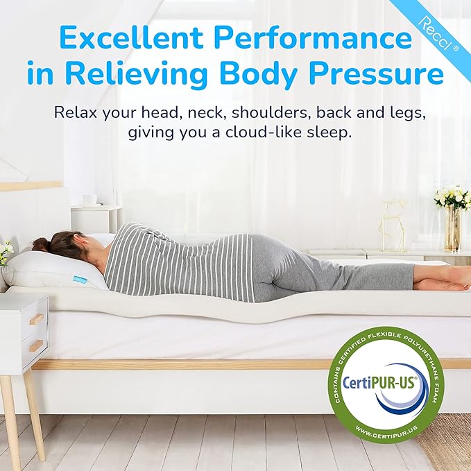 RECCI Memory Foam Mattress Topper, Pressure-Relieving Mattress Topper for Back Pain, Non-Slip Design with Removable & Washable Cover, CertiPUR-US Certified, 2 Inch Full