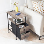 HOOBRO End Table with Charging Station, Narrow Side Table, Nightstand with 2 Non-Woven Drawers, Slim Sofa Side Table, for Small Spaces, Living Room, Bedroom, Greige and Black BG486UBZ01