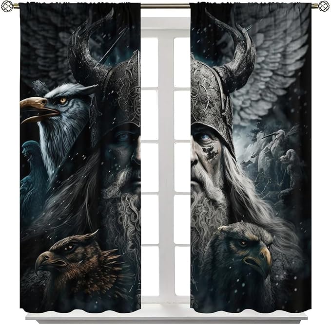 Fantasy Norse Viking Curtains for Bedroom - Cool Gothic Vintage Vikings Mystical Symbol Eagle Window Treatment,Energy Saving Thermal Insulated Rod Pocket Bedroom Blackout Curtains 2 Panels 63L x 36W
