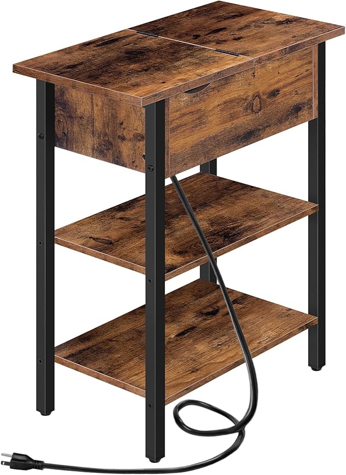 HOOBRO End Table with Charging Station, Narrow Side Table, Flip Top Nightstand with USB Ports and Outlets, Bedside Tables with Shelf for Small Spaces, Living Room, Rustic Brown BF341BZ01