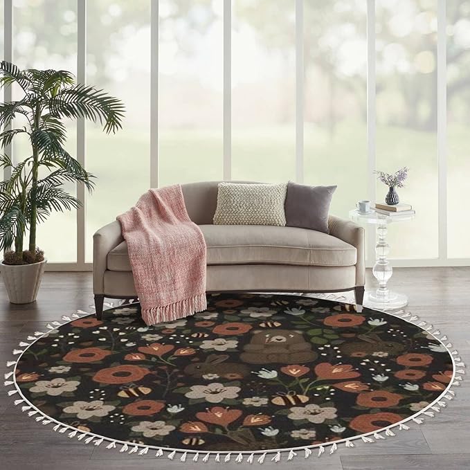 Round Rugs Bear Forest Bunny Rabbit Furry Animals Watercolor Flowers Scandinavian Boho Area Rug Linen and Cotton Carpet Meditation Rug Washable Hallway Runner Mat Accent Rug for Bedroom Bathroom 6ft