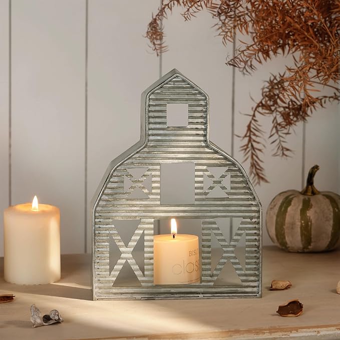 Barn Shaped Tea Light Holder Farmhouse Galvanized Metal Candle Holder Vintage Barn Decor for Table Centerpiece - 6.3" x 1.97" x 8.46"