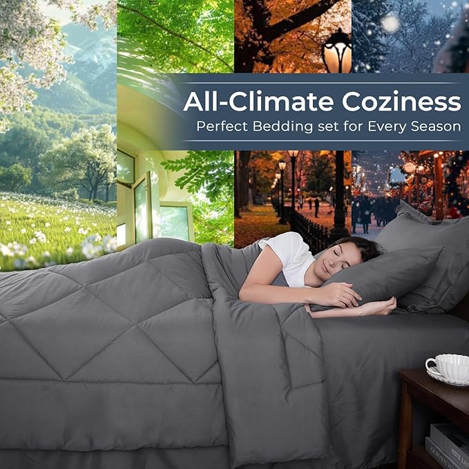 HEVUMYI Twin Comforter Set - 5-Piece All Season Bed in a Bag Twin, Ultra Soft Bedding Set with Comforter, Flat Sheet, Fitted Sheet, Pillowcases, Pillow Shams, Dark Grey
